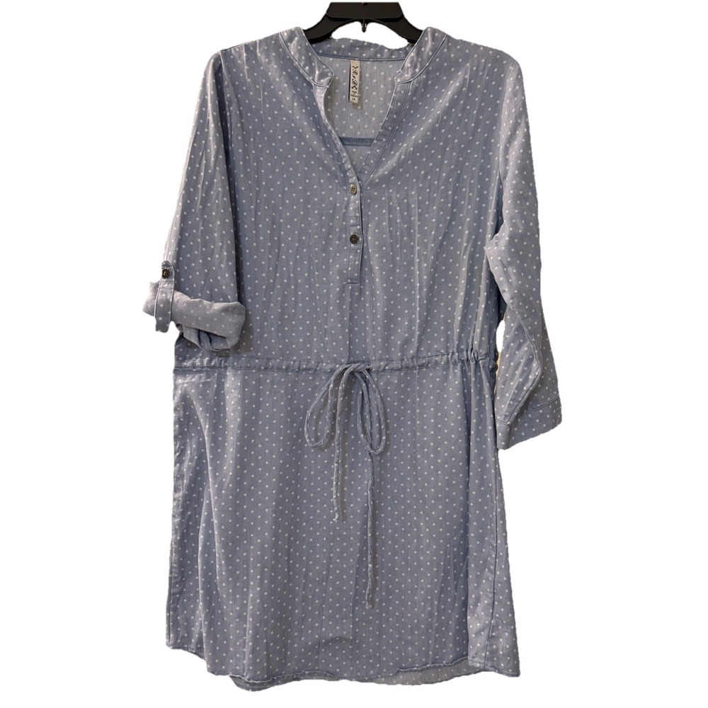 Chambray Women's 1X 100% Cotton Shirt Dress Drawstring Waist Polka Dot Natural